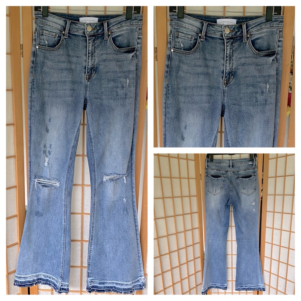 Risen Jeans Distressed High Rise Flare Leg Boho Jean SZ 7/28